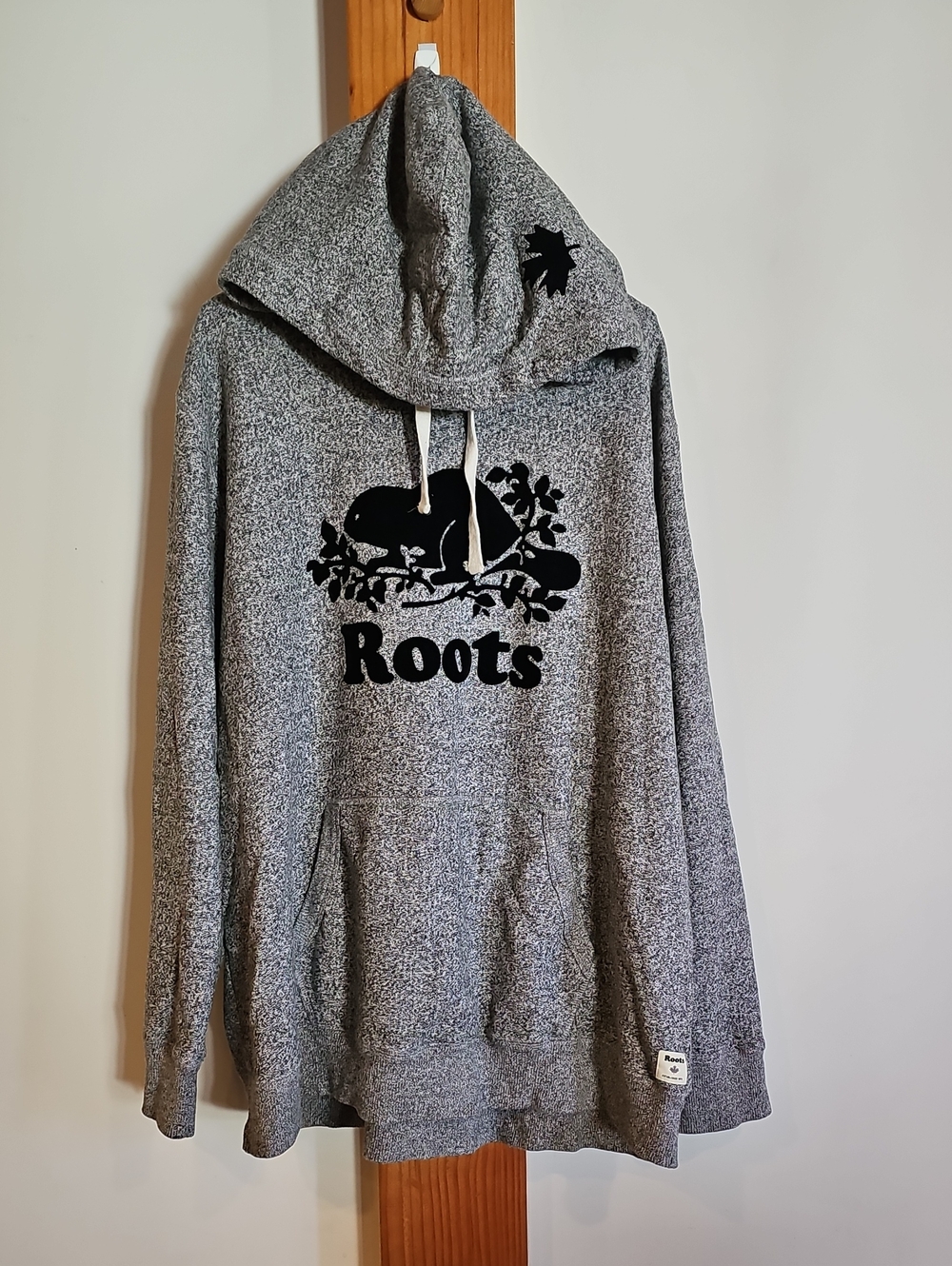 Roots Men's Heather Grey Hooded Sweatshirt with Black Velvet Logo - XXL